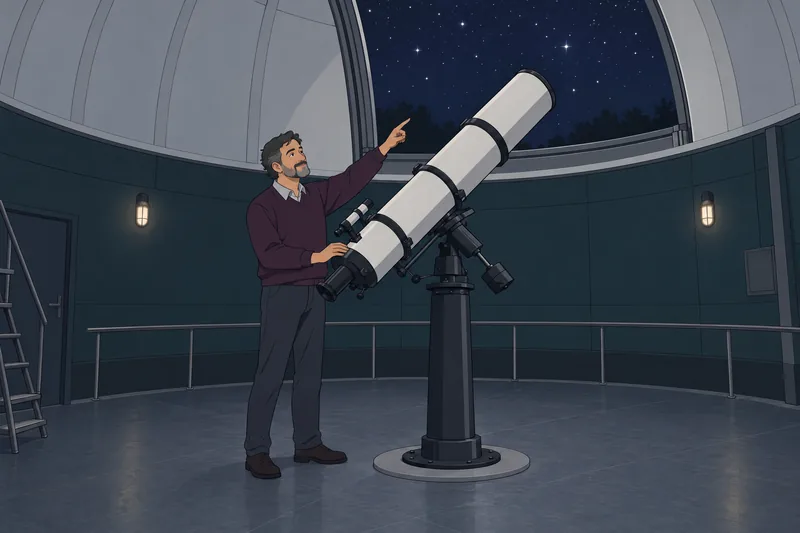 método para investigar: un científico ajusta un telescopio.