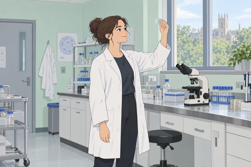 método para investigar: una científica observa un microscopio.