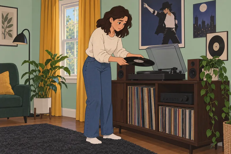 Michael Jackson Quiz: A fan studies a record.