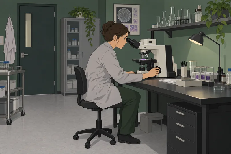 Microbiology Lab Quiz features a technician using microscopy.