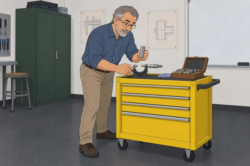 Micrometer Quiz: instructor checks a gauge block.
