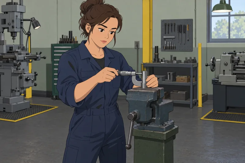 Micrometer Quiz: apprentice measures a steel pin.