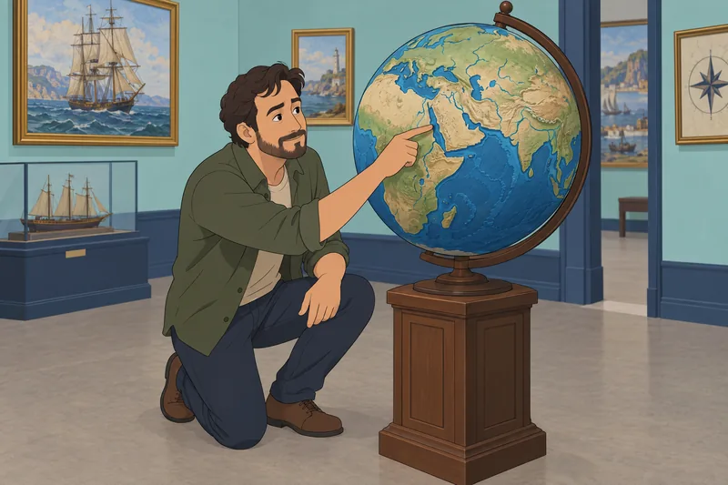 Middle East Bodies visitor studies a relief globe.