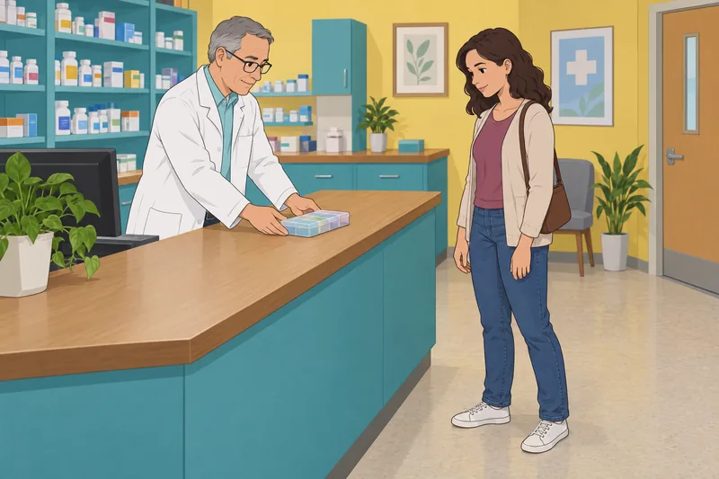 Migraine vs Headache: a pharmacist checks medication.