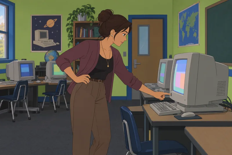 Quiz sobre los: una instructora señala un CRT.