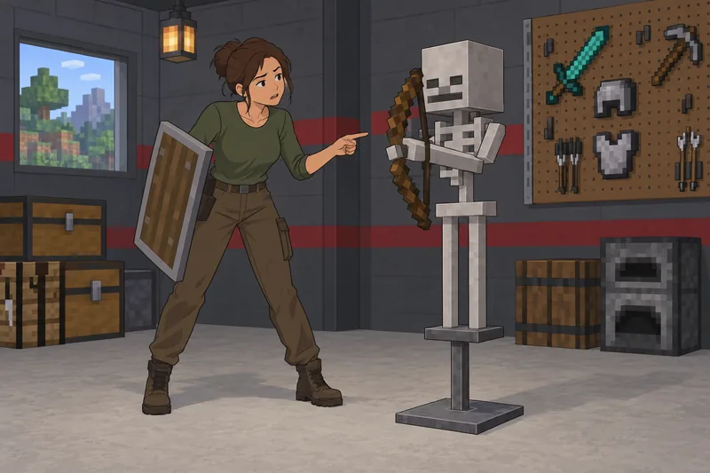 Minecraft Mob Quiz studies a skeleton model.