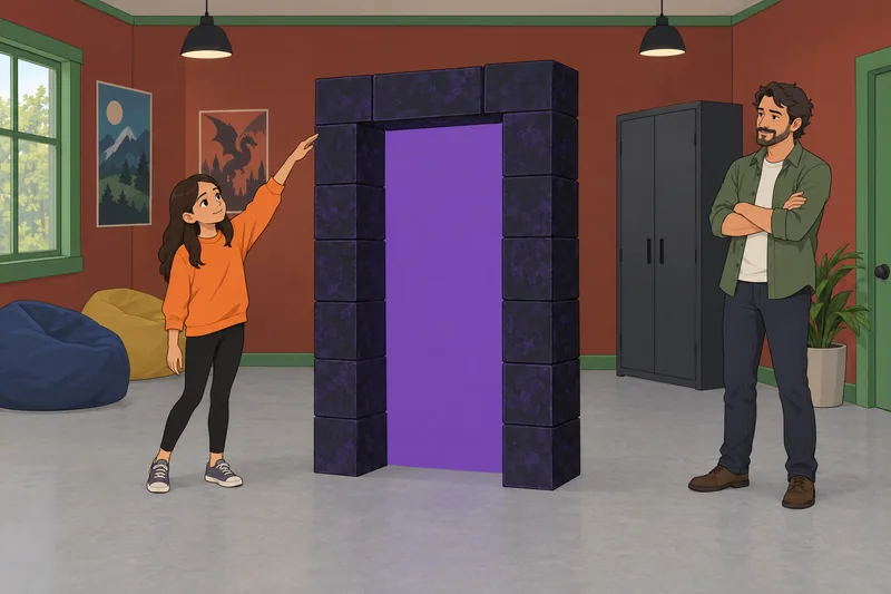 Minecraft Quiz for kids shows a portal clue.