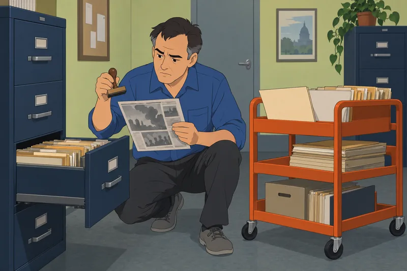 Misinformation Susceptibility Test: a clerk checks a clipping.