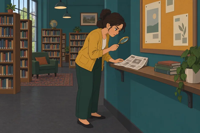 Misinformation Susceptibility Test: a librarian checks a clipping.