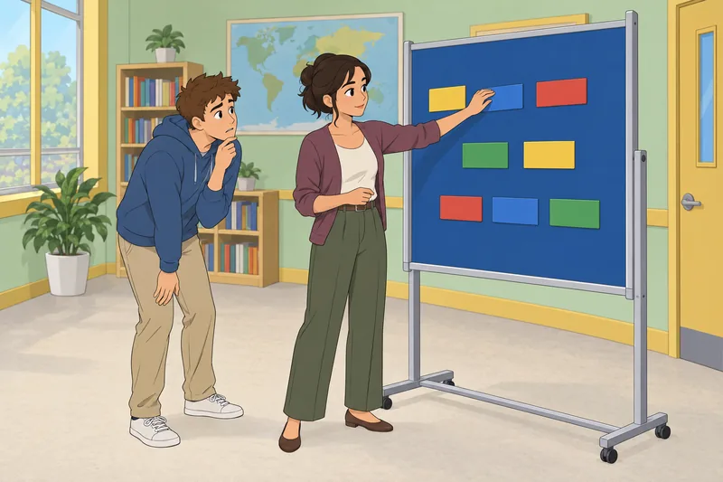 Misplaced and Dangling shows students sorting grammar cards.