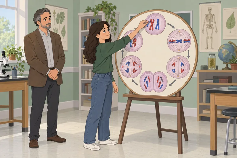 Mitosis Quiz shows a learner arranging chromosomes.