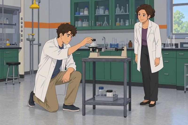 Mole Quiz features a student weighing a sample.