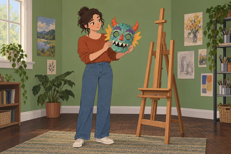 Monster Quiz depicts a woman studying a mask.