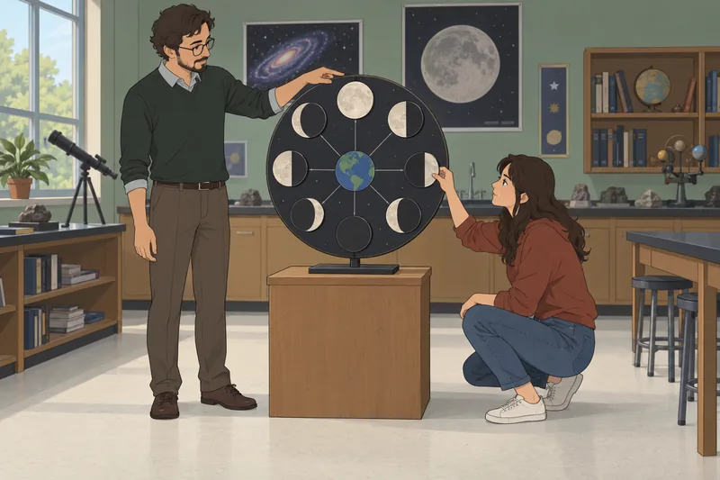 Moon Phases Quiz shows lunar models in class.