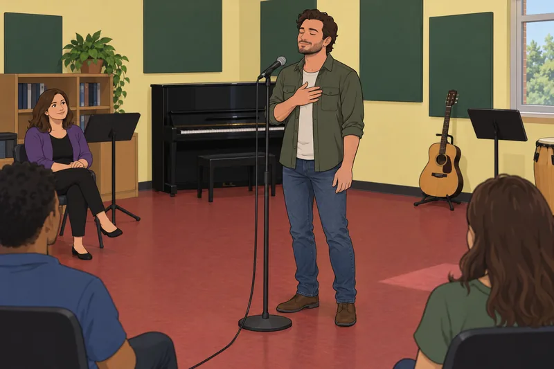 Participante del cuestionario sobre Morgan canta al micrófono.