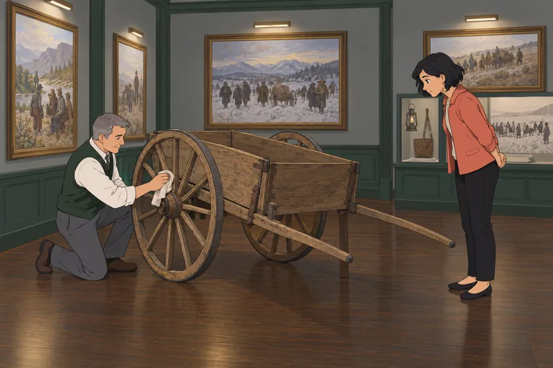Mormon Quiz explores a handcart exhibit.