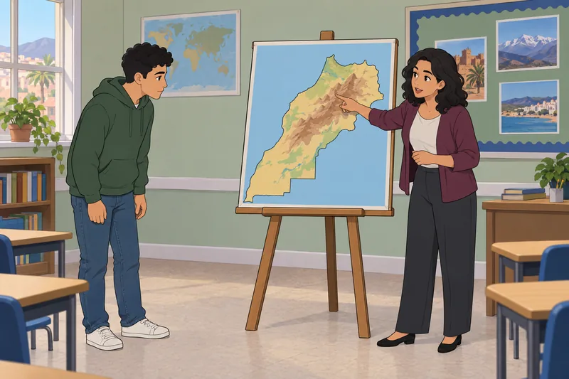Moroccan Quiz shows a learner studying a map.