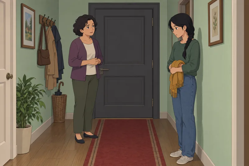 Mother Daughter Quiz: Daughter pauses by a door.