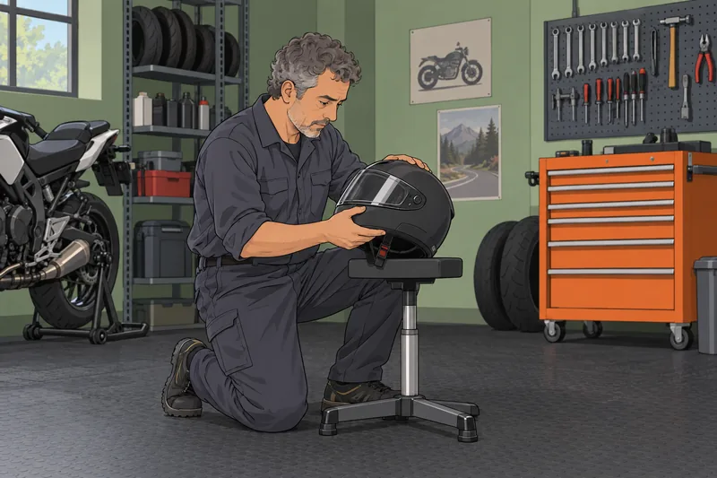 Motorcycle Quiz shows a technician inspecting a helmet.