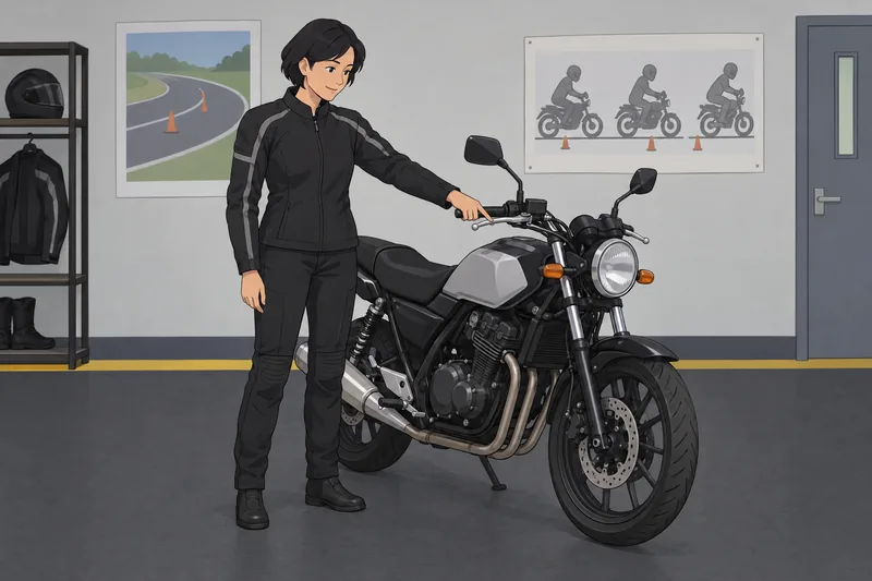 Motorcycle Quiz shows an instructor checking controls.