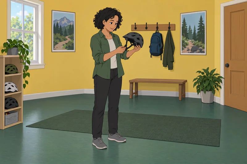 Mountain Bike Quiz depicts a careful helmet check.