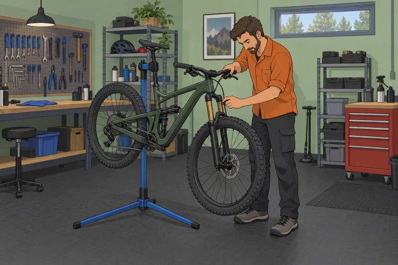 Mountain Bike Quiz shows a mechanic adjusting suspension.