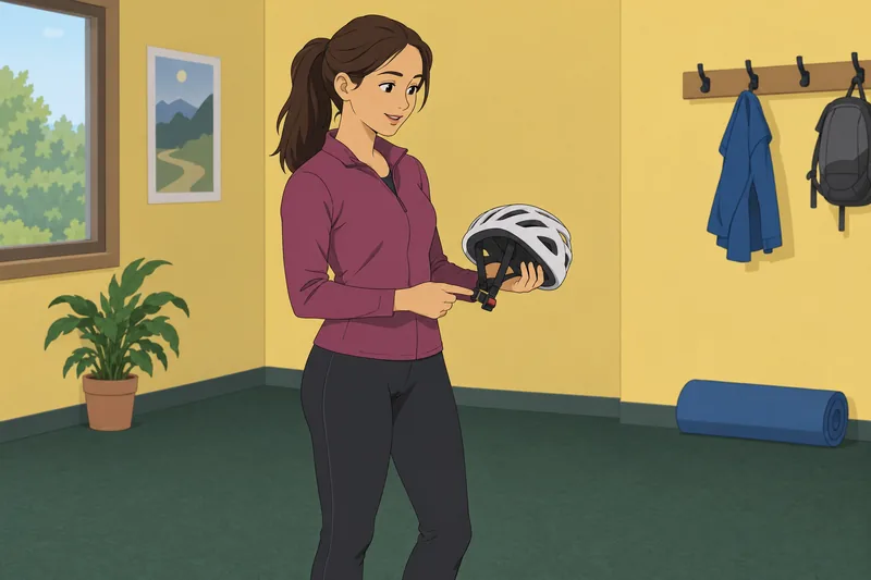El cuestionario de ciclismo retrata revisar el casco.