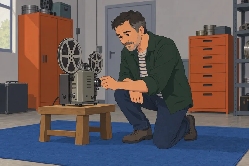 Movie Character Quiz: instructor adjusts a vintage projector.