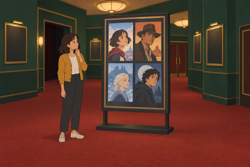 Movie Character Quiz: woman studies four character portraits.