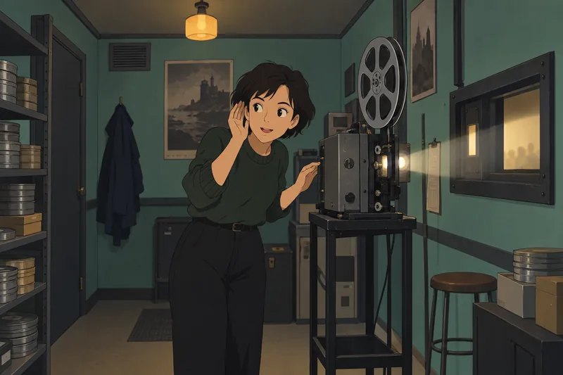 Movie Music Quiz: woman listening beside a projector.