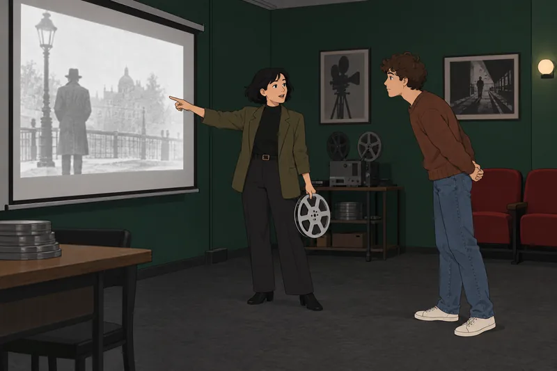 Movie Quiz shows learners examining a film reel.