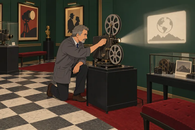 Movie Studio Logos surround a vintage projector.