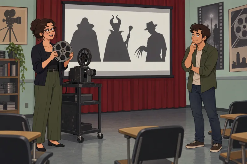 Movie Villains Quiz appears in a film classroom.