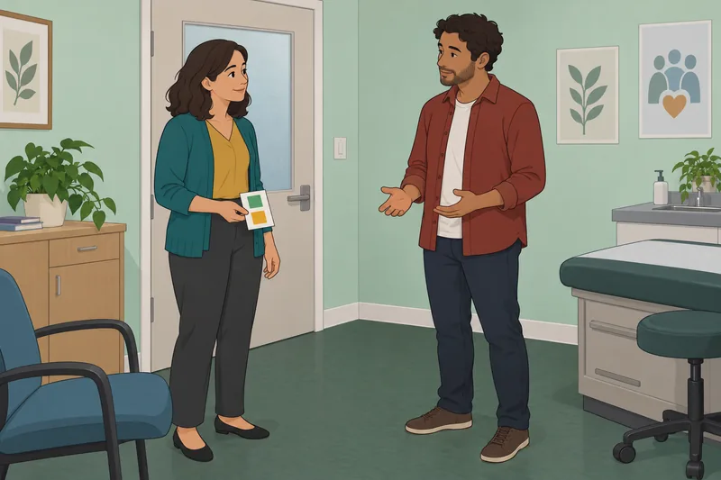 Mr and Mrs discuss comfort at the door.
