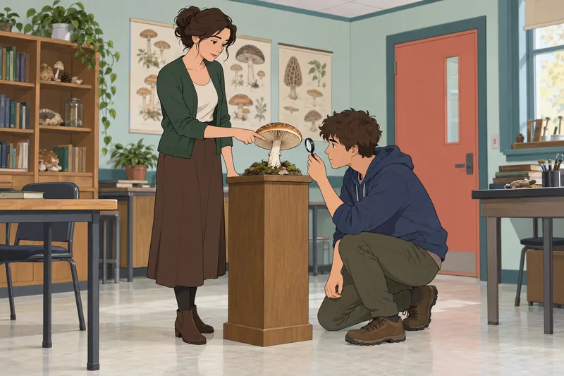 Mushroom Quiz shows a learner inspecting gills.