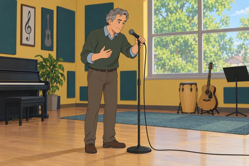 Music Artist Quiz: teacher checks a microphone.