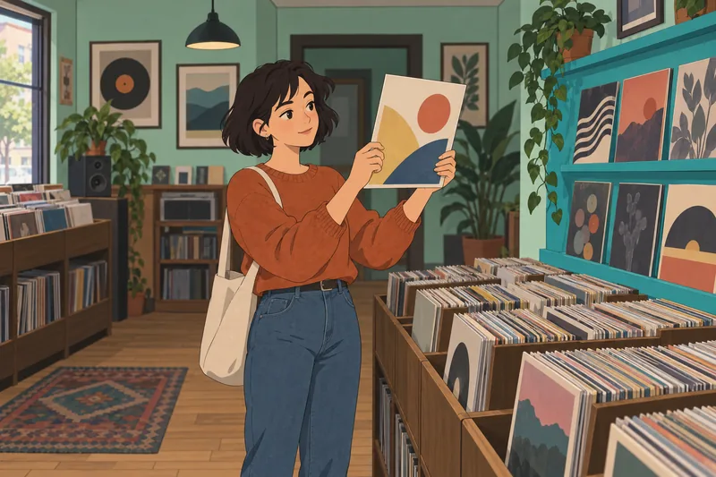 Quiz de artistas muestra una oyente eligiendo vinilos.