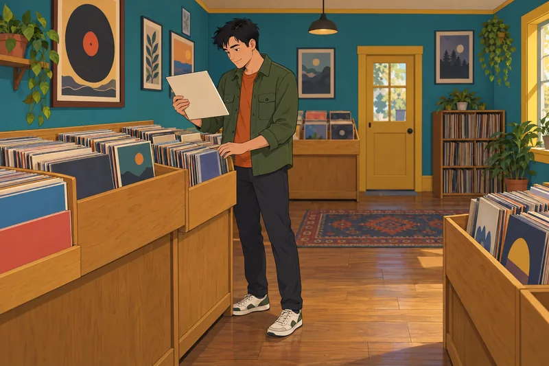 Music Recommendations Quiz shows a shopper comparing vinyl.