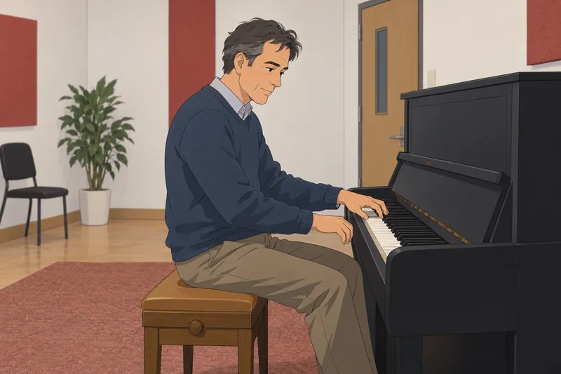 Music Theory Quiz explores harmony at a piano.