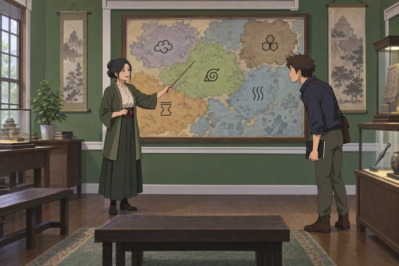 Naruto Village Quiz: curator studies a village map.