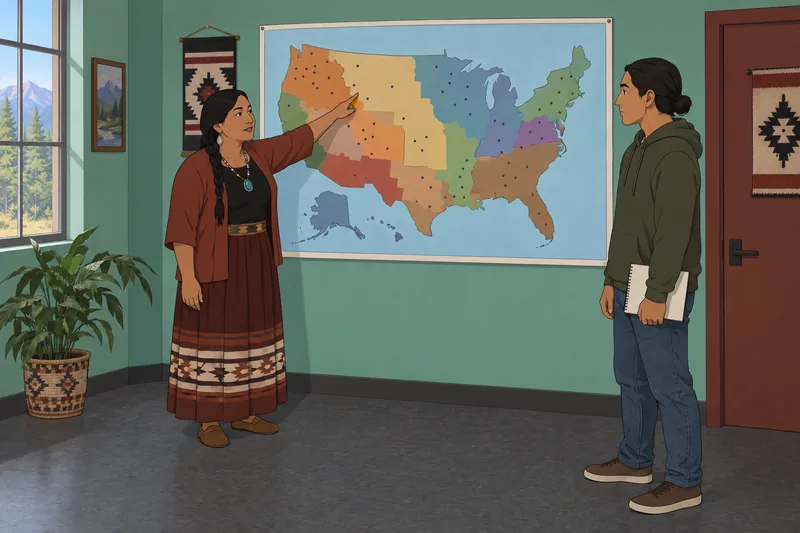 Native American Quiz: a learner studies a map.