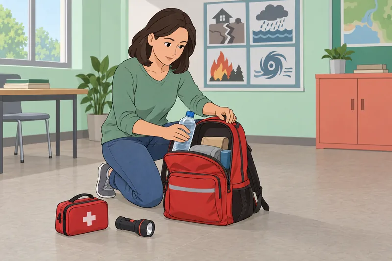 Natural Disasters Quiz shows a packed emergency bag.