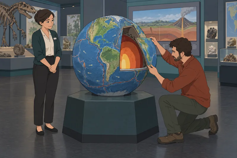 Nature Quiz: a visitor examines Earth layers.