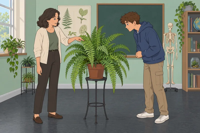 Nature Quiz: a student studies a fern.