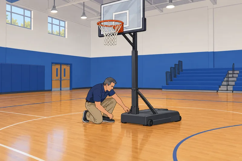 NBA Arenas Quiz: technician checks a basketball hoop.
