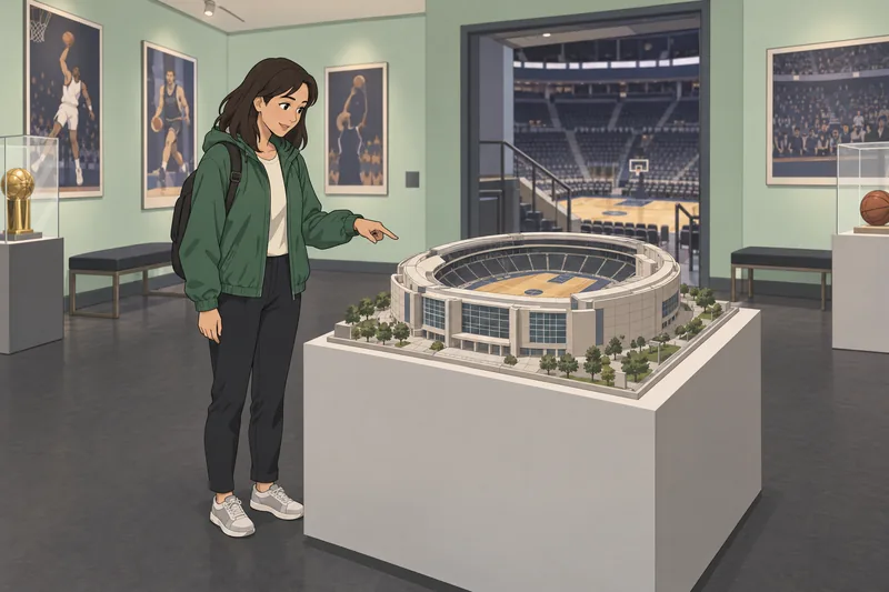 NBA Arenas Quiz: traveler studies an arena model.