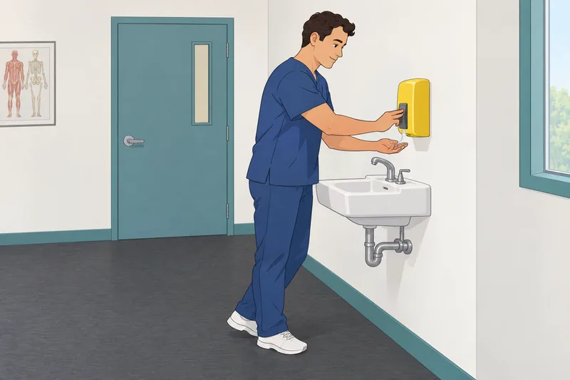 NCLEX Practice Quiz: learner washes hands.