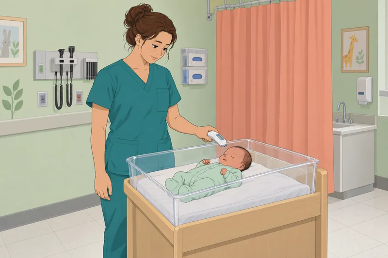 Neonatal Quiz: nurse checks a newborn's temperature.