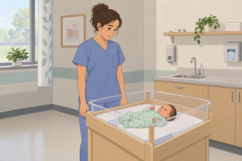 En cuestionario neonatal, una enfermera revisa la temperatura.
