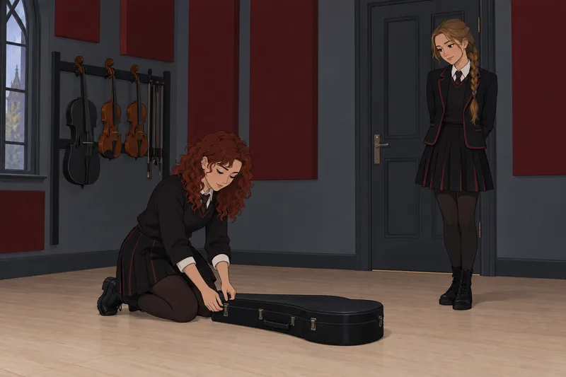 Nevermore Quiz: student waits by a violin case.
